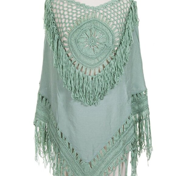 Do Everything in Love Solid Crochet Fringe Poncho - Picture 1 of 2